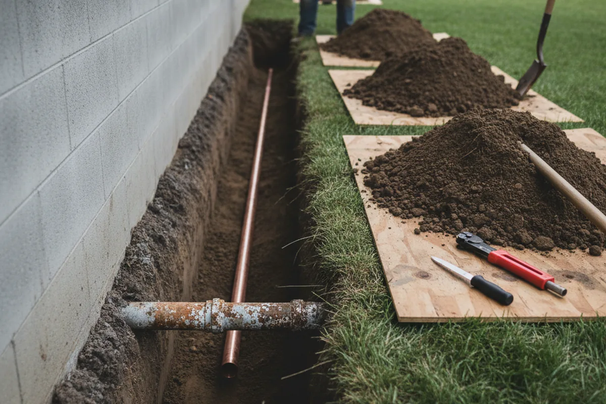 Excavated water line trench during Water Heater Repair in Winchester
